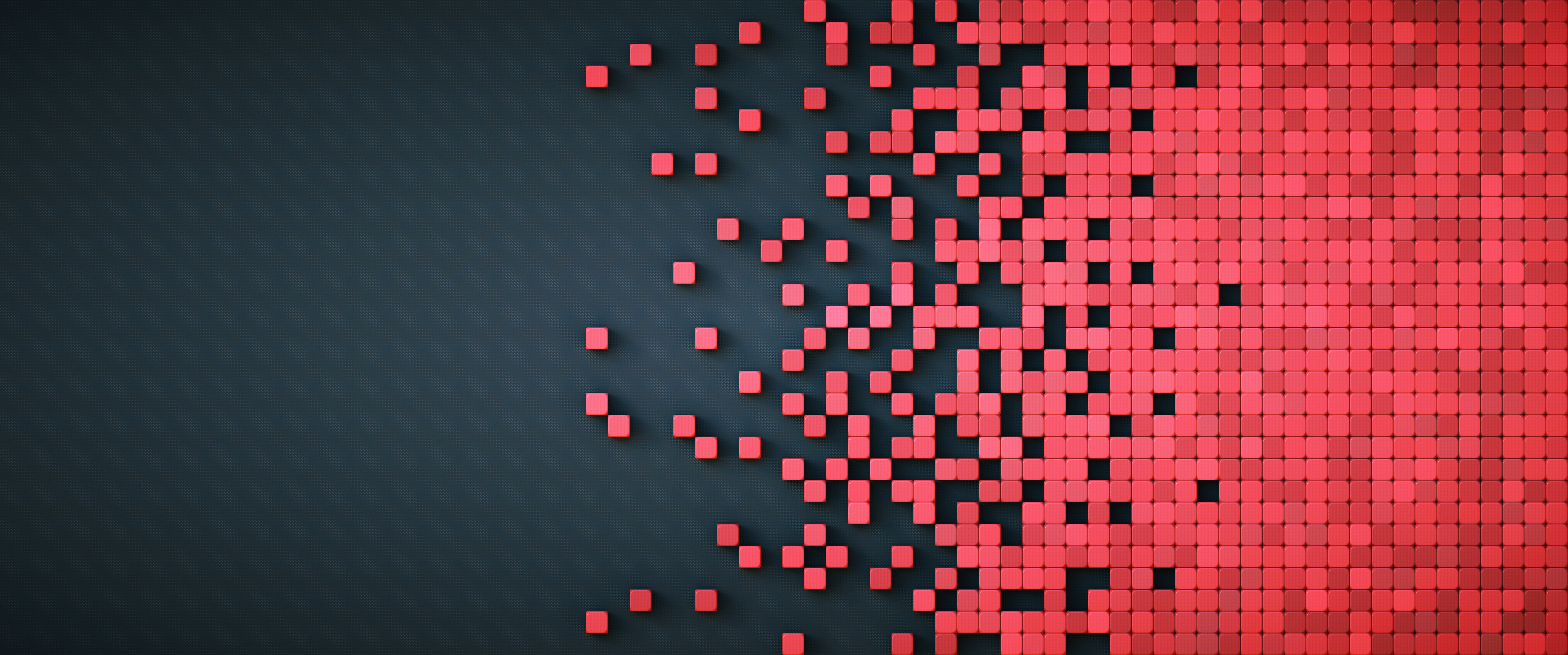 Siyah yapay arka plan üzerinde kırmızı fiziksel küp şekilleriyle pikselleştirilmiş veri temsili, döşenebilir kompozisyon