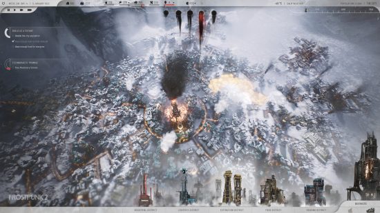 Frostpunk 2 oynanışı - 11 Bit Studios strateji oyununun oynanışının ekran görüntüsü.  Devasa, genişleyen bir sanayi şehri, karlı bir çorak araziye yayılıyor.