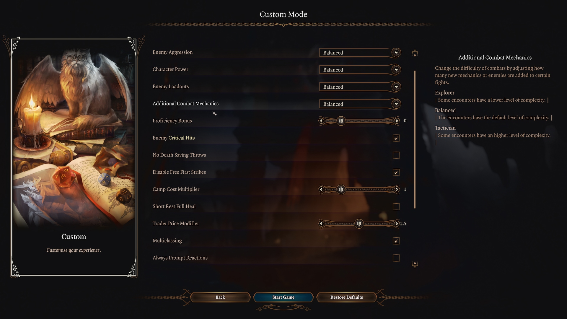Baldur's Gate 3'ün yeni özel oyun modu seçeneklerini gösteren ekran görüntüsü