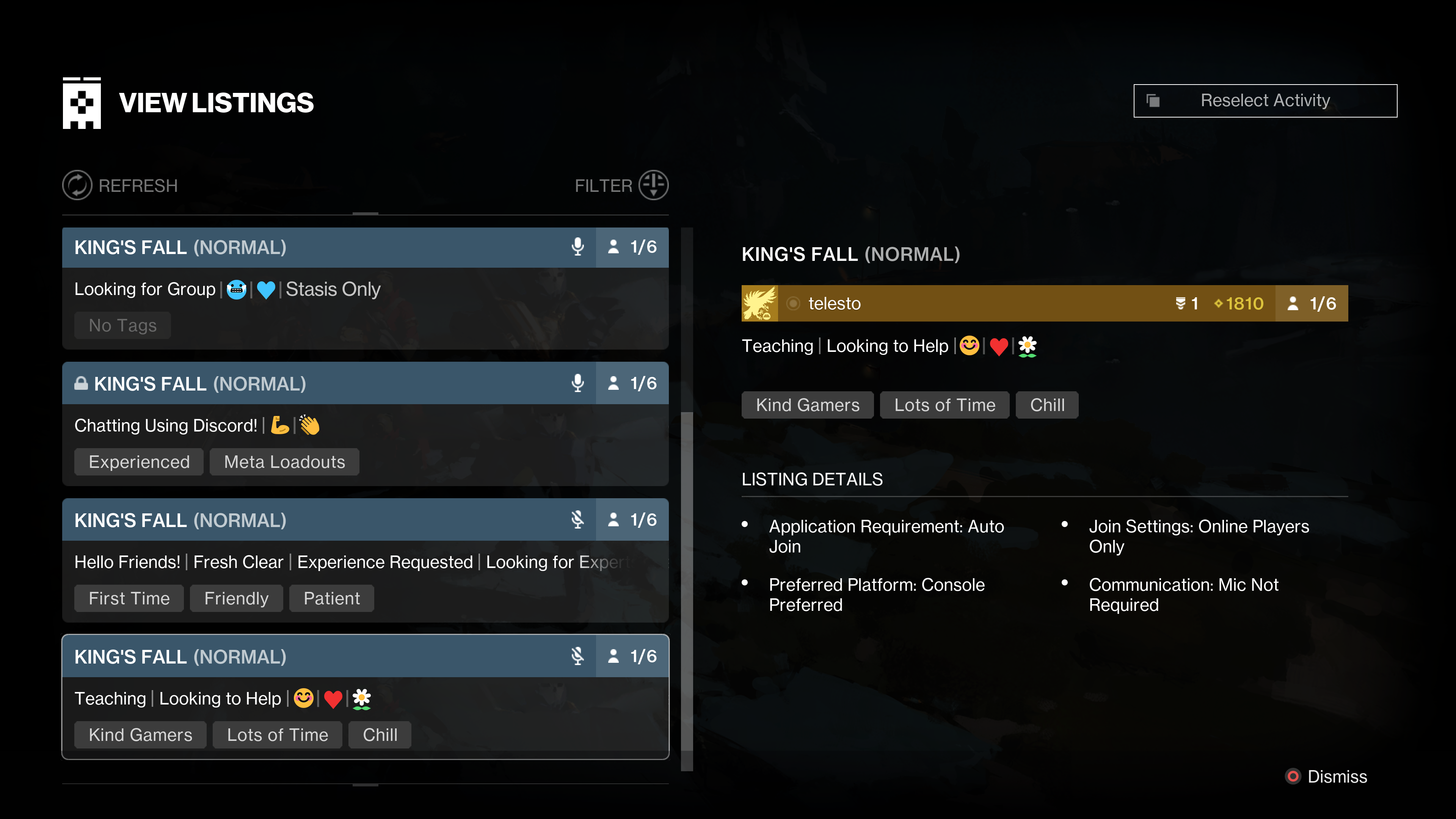 Bungie tarafından sağlanan ekran görüntüsünde oyun içinden Destiny 2 Fireteam Finder listeleri
