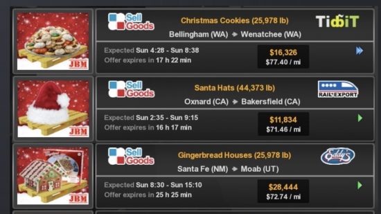 ATS'de Noel Kurabiyeleri gibi Noel kargolarını gösteren ekran görüntüsü