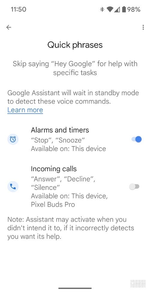 Pixel Fold'daki kısa ifadeler ayarları sayfası - Google, Pixel Buds Pro'ya gelen aramaları yönetmek için Asistan Hızlı Sözcükler'i genişletiyor