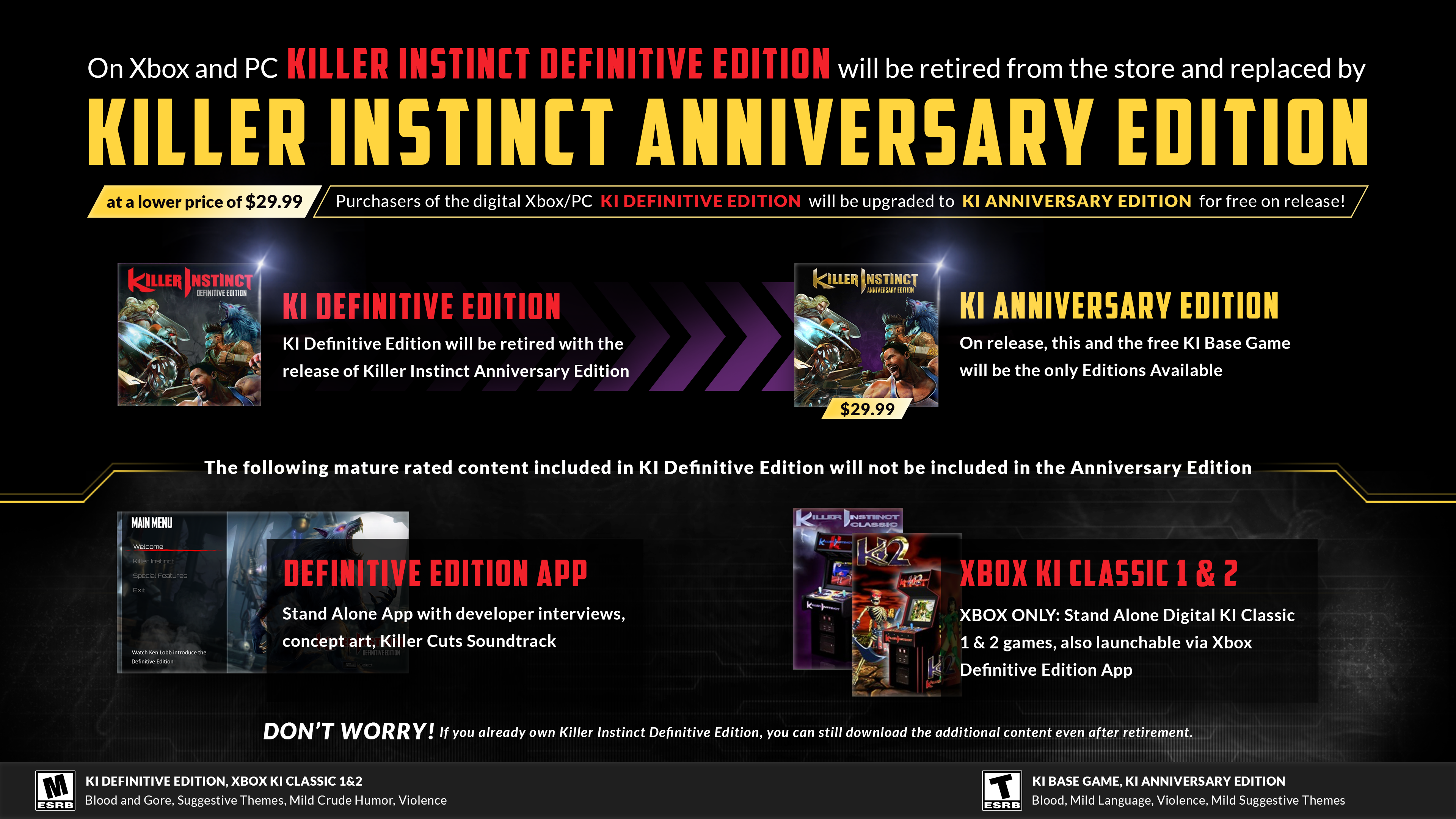 Xbox ve PC'de Killer Instinct Definitive Edition mağazadan kaldırılacak ve yerine 29,99 $ gibi daha düşük bir fiyatla Killer Instinct Anniversary Edition getirilecek Dijital Xbox/PC KI Definitive Edition'ı satın alanlar, piyasaya sürüldüğünde ücretsiz olarak KI Anniversary Edition'a yükseltilecek!  KI Definitive Edition, Killer Instinct Anniversary Edition'ın çıkışıyla birlikte kullanımdan kaldırılacak KI Anniversary Edition (29,99$) Yayınlandığında, bu ve ücretsiz KI Temel Oyunu mevcut tek Sürümler olacak KI Definitive Edition'da yer alan aşağıdaki Yetişkinler için derecelendirilmiş içerik, Anniversary Edition'a dahildir: Definitive Edition Uygulaması: Geliştirici röportajları, konsept çizimleri, Killer Cuts Film Müziği içeren Stand Alone Uygulaması Xbox KI Classic 1 & 2 YALNIZCA XBOX: Stand Alone Digital KI Classic 1 & 2 oyunları, ayrıca Xbox Definitive Edition Uygulaması DON aracılığıyla başlatılabilir ENDİŞELENME!  Killer Instinct Definitive Edition'a zaten sahipseniz emeklilikten sonra bile ek içeriği indirmeye devam edebilirsiniz.  Yetişkinler için ESRB M Derecesi: KI Definitive Edition, Xbox KI Classic 1 ve 2;  Kan ve Kan, Müstehcen Temalar, Hafif Kaba Mizah, Şiddet ESRB Gençlere Yönelik T Derecelendirmesine Sahip: KI Temel Oyun, KI Yıldönümü Sürümü;  Kan, Hafif Dil, Şiddet, Hafif Müstehcen Temalar