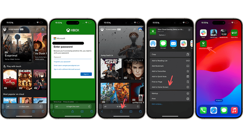 Xbox Cloud Gaming'e nasıl bağlanılacağını gösteren ekran görüntüleri.
