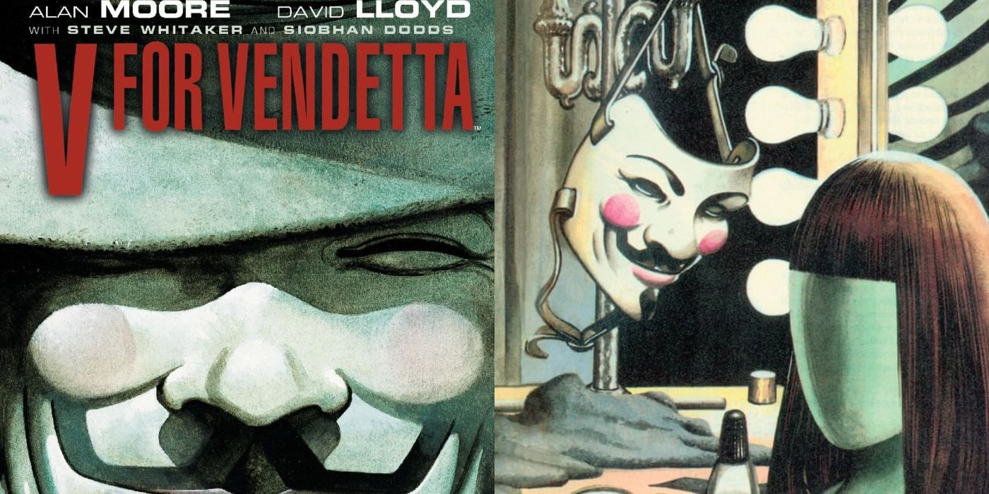 V for Vendetta filminin kapağının ve soyunma odasındaki Guy Fawkes maskesinin ve peruğunun bölünmüş görüntüsü