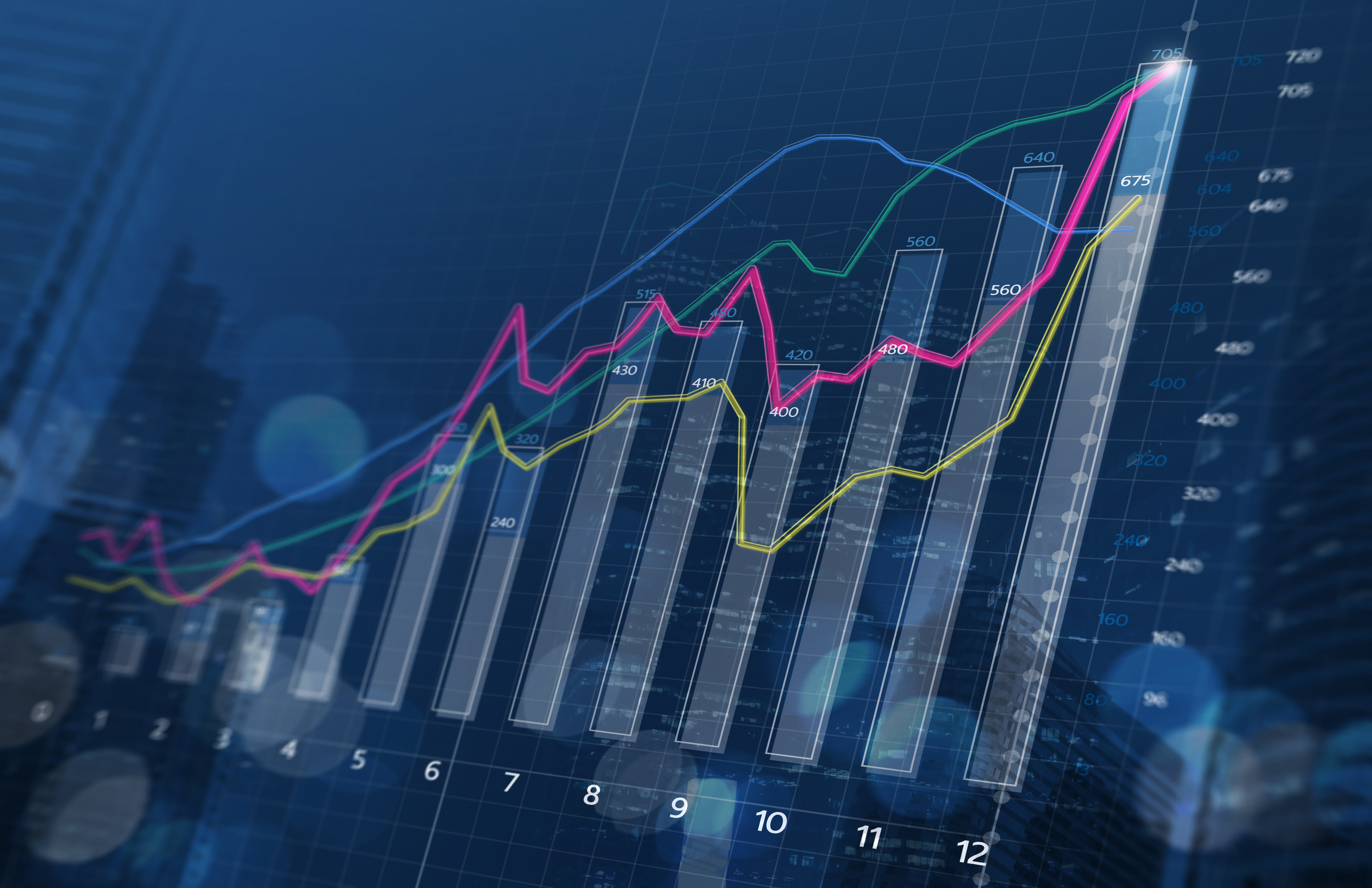 Tutarlı bir veri stratejisi aracılığıyla geliştiricilere satış büyümesini temsil eden mavi arka plan üzerinde çubuk grafiğin ve yükselen çizgilerin görüntüsü.