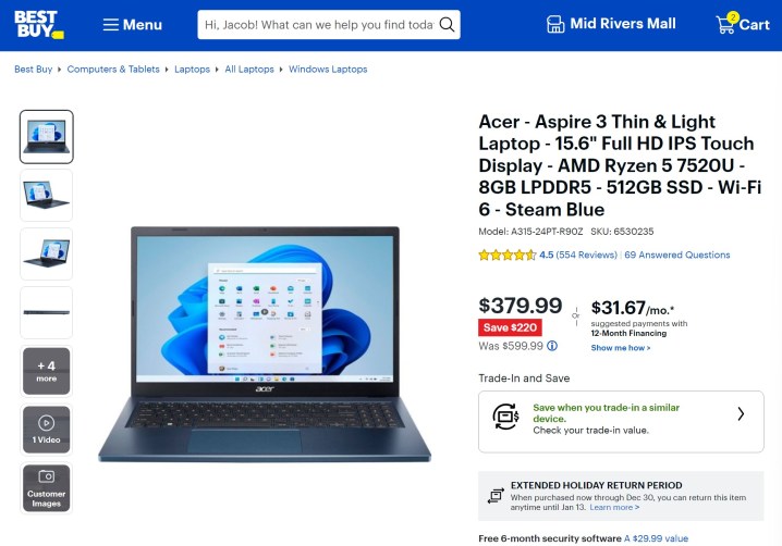 Best Buy'da bir Acer Aspire 3 dizüstü bilgisayar listesi.