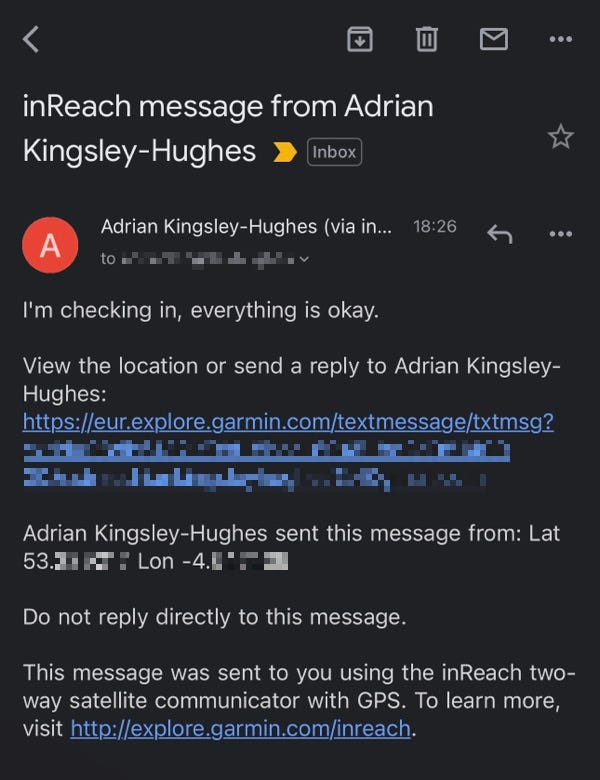 InReach Messenger'ın gönderdiği mesaj örneği