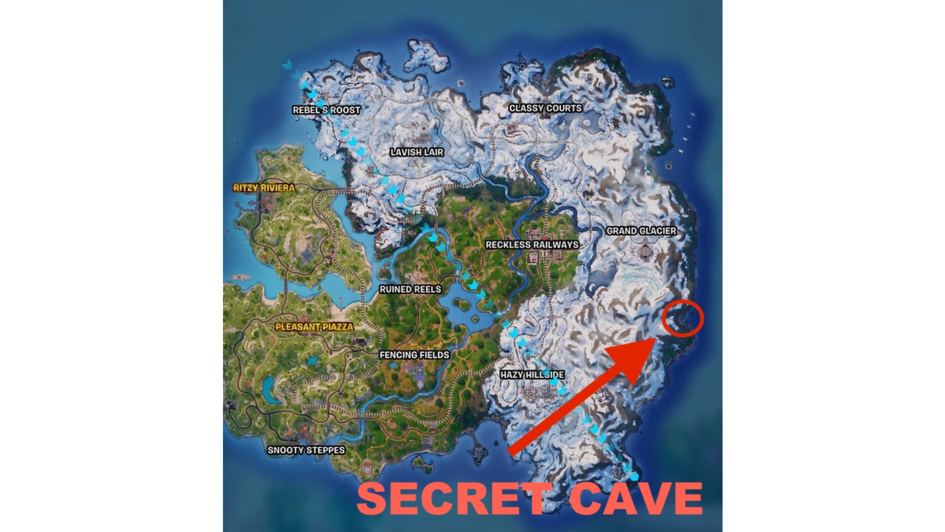 Fortnite'ın 5. Bölüm 1. Sezon haritasında işaretlenen gizli mağara