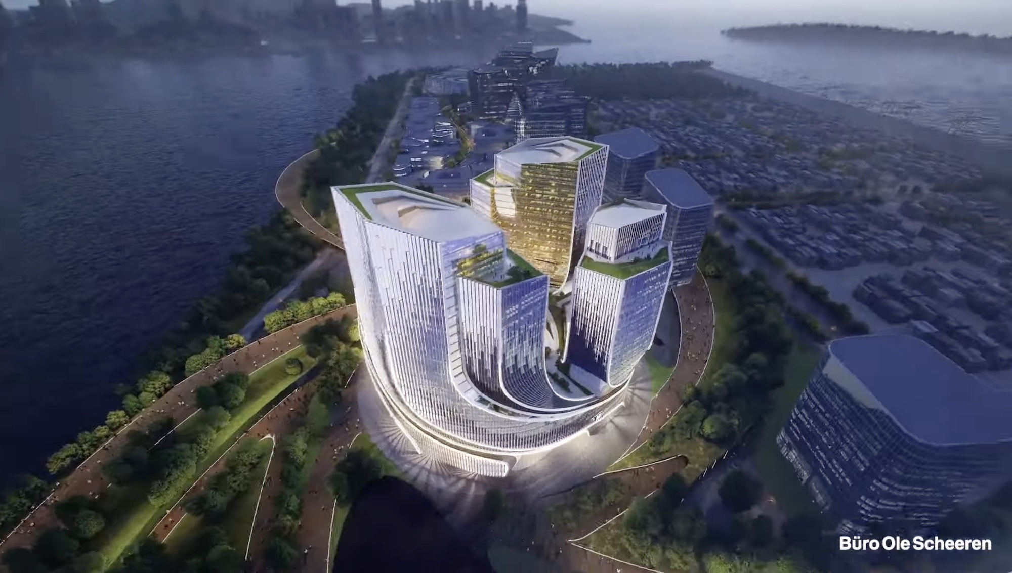 Büro Ole Scheeren tarafından tasarlanan Tencent'in yeni genel merkezini gösteren bir çizim.