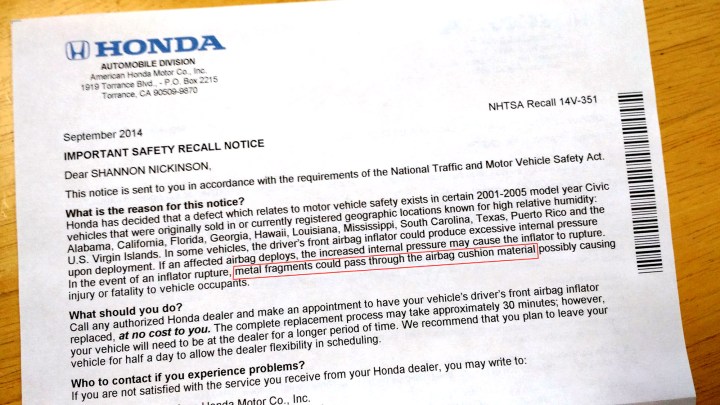 Honda'dan hatalı airbg'lerin geri çağırıldığını duyuran bir mektup.