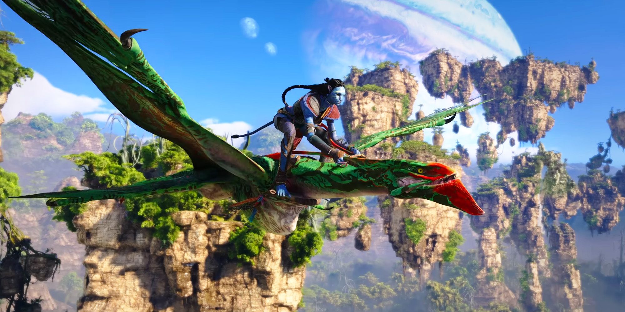 Pandora'nın Avatar Sınırları oyununda İkran yaratığını uçuran kahraman