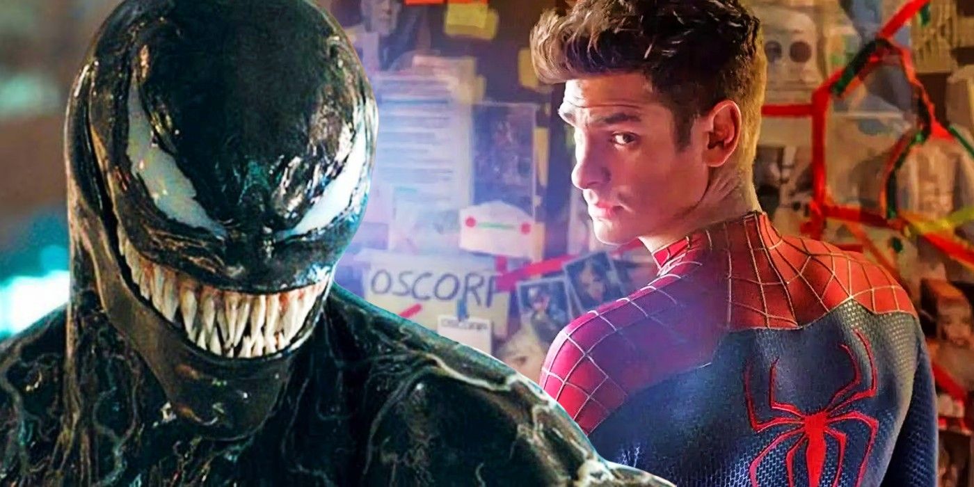 Tom Hardy'nin Venom'u ve Andrew Garfield'ın Örümcek Adam'ının birbirlerinin yönüne baktığı özel görüntü
