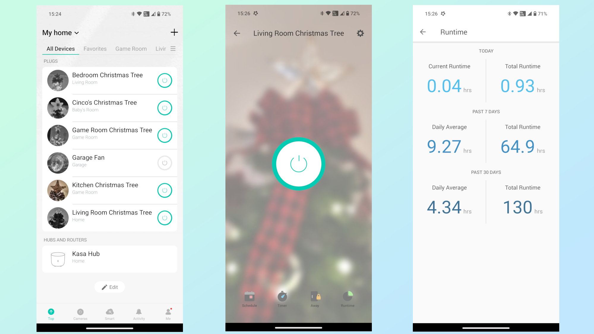 TP-Link'in Kasa uygulamasıyla Noel ışıklarının nasıl kontrol edileceğini gösteren bir dizi ekran görüntüsü