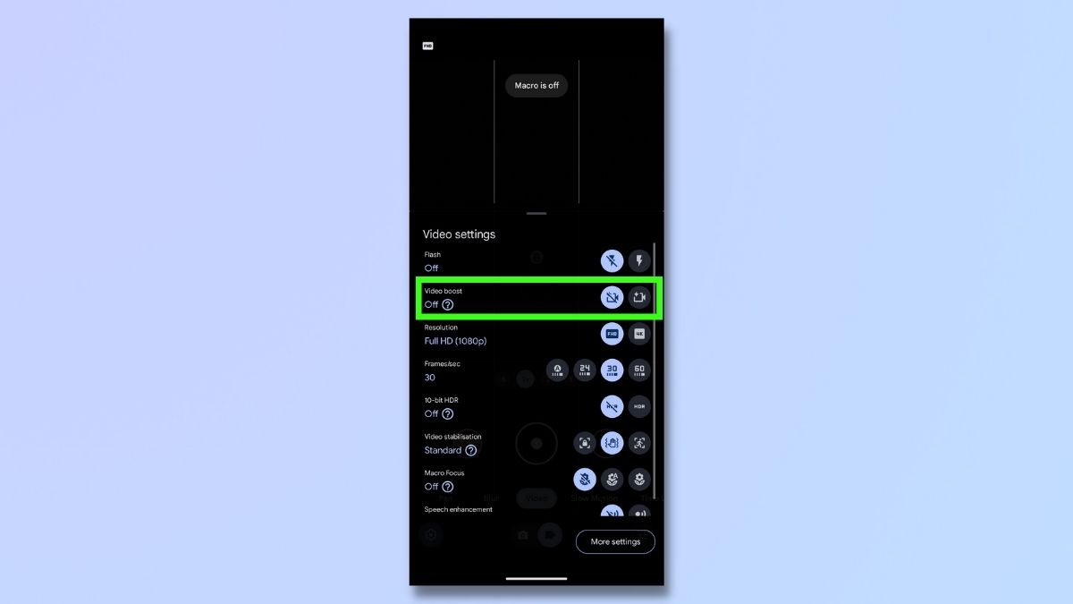 Pixel 8 Pro Video Boost'un nasıl kullanılacağını gösteren ekran görüntüsü - video hızlandırmayı açma