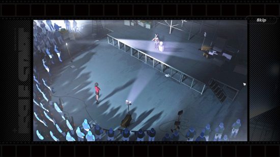 Nekomata, Vision Corporation'a karşı mücadelesinde silahlı milislerle çevrili boş bir sahnede duruyor.