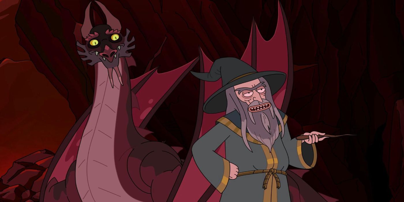 Rick and Morty'de Sihirbaz sihirli sopasıyla gülümsüyor ve arkasında bir ejderha var