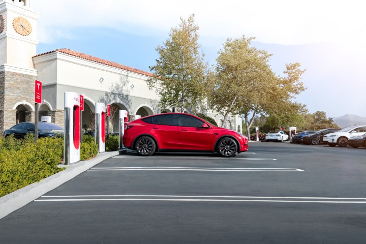 Tesla Süperşarjörlerinden oluşan bir bankada şarj olan kırmızı bir Tesla.