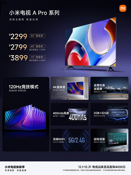 4K, 120 Hz, 75 inç, minik çerçeve ve hediye - 545 dolar.  Xiaomi, Çin'deki Xiaomi TV A Pro müşterilerine Xiaomi Mi Band 8 Pro bilekliklerini dağıtıyor