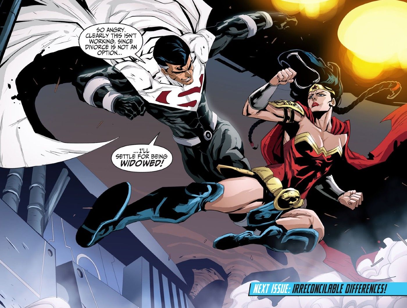 Çizgi roman paneli: DCAU Wonder Woman, Lord Superman ile evlilikleri konusunda alay ederken ona karşı savaşır.