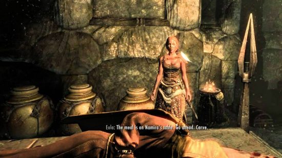 En iyi yamyam oyunları: The Elder Scrolls: Skyrim'deki Taste of Death görevinde, oyundaki en iyi Daedric eserlerden biri olan Ring of Namira için ölmesi gereken Verulus'un cesedinin üzerinde duran Eola.