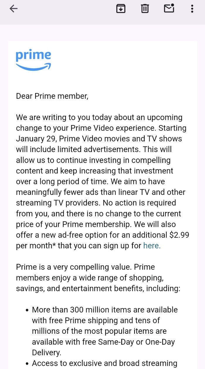 Amazon, Prime Video abonelerine, fazladan ödeme yapmadıkları sürece reklamların 29 Ocak'ta geleceğini söylüyor