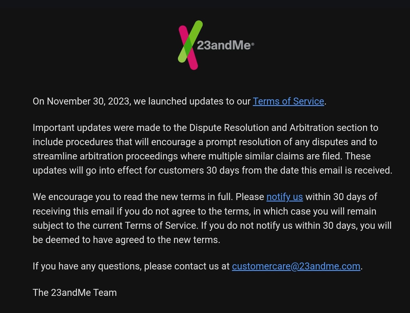 23andMe'nin Hizmet Koşulları değişiklikleriyle ilgili müşterilerine gönderdiği e-posta.
