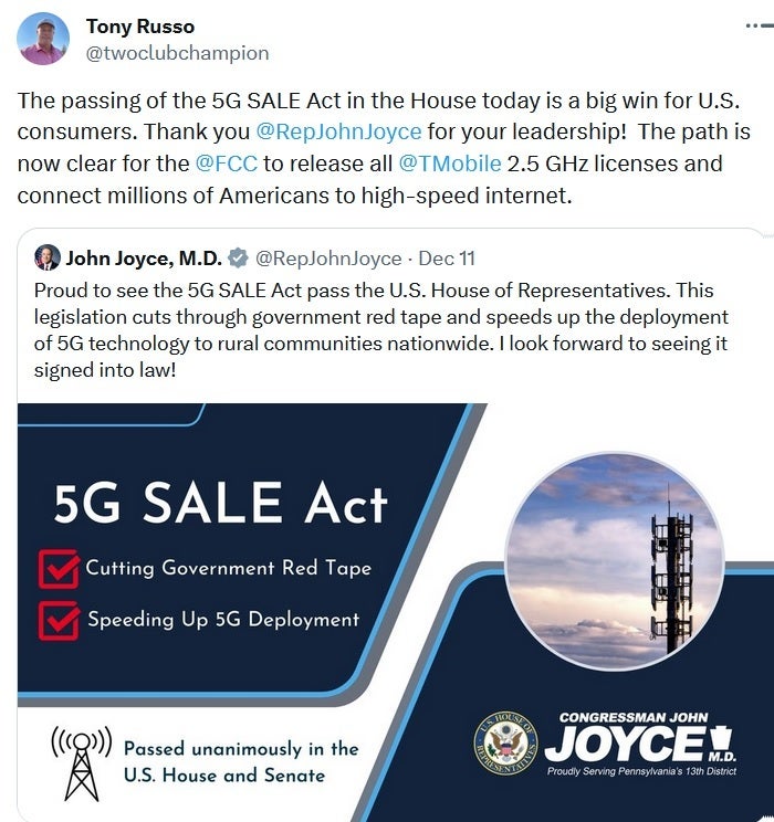 T-Mobile Yasama İşlerinden Sorumlu Başkan Yardımcısı Tony Russo, 5G SATIŞ Yasası'nın Meclis'te kabul edilmesini kutluyor - Biden noktalı çizgiyi imzaladığında, T-Mobile daha fazla 2,5 GHz Goldilocks spektrumuna sahip olacak