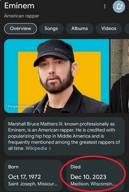 Google, Eminem'in ölümüyle ilgili sahte bir raporla kandırıldı ve ölümüyle ilgili sahte haberleri internette paylaştı - Geçen hafta Google, Eminem'in hala hayatta ve sağlıklı olmasına rağmen öldüğü tarihini yayınladı