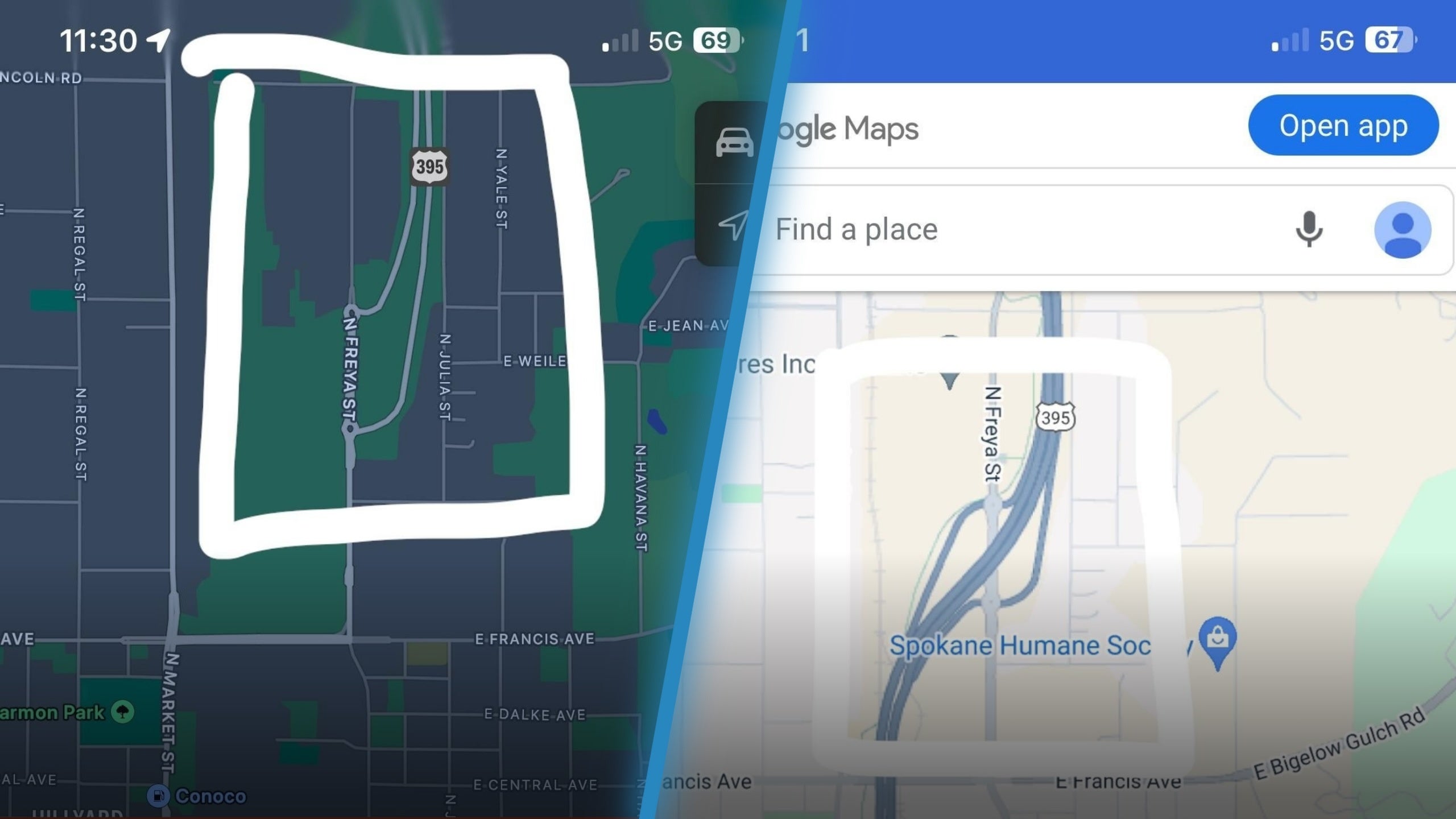 Apple Haritalar (L), Google Haritalar'a (R) dahil edilen yeni bir yolu dahil edemedi - Google Haritalar ile rekabet edebilmek için Apple Haritalar'ın düzeltmesi gereken büyük bir kusur var