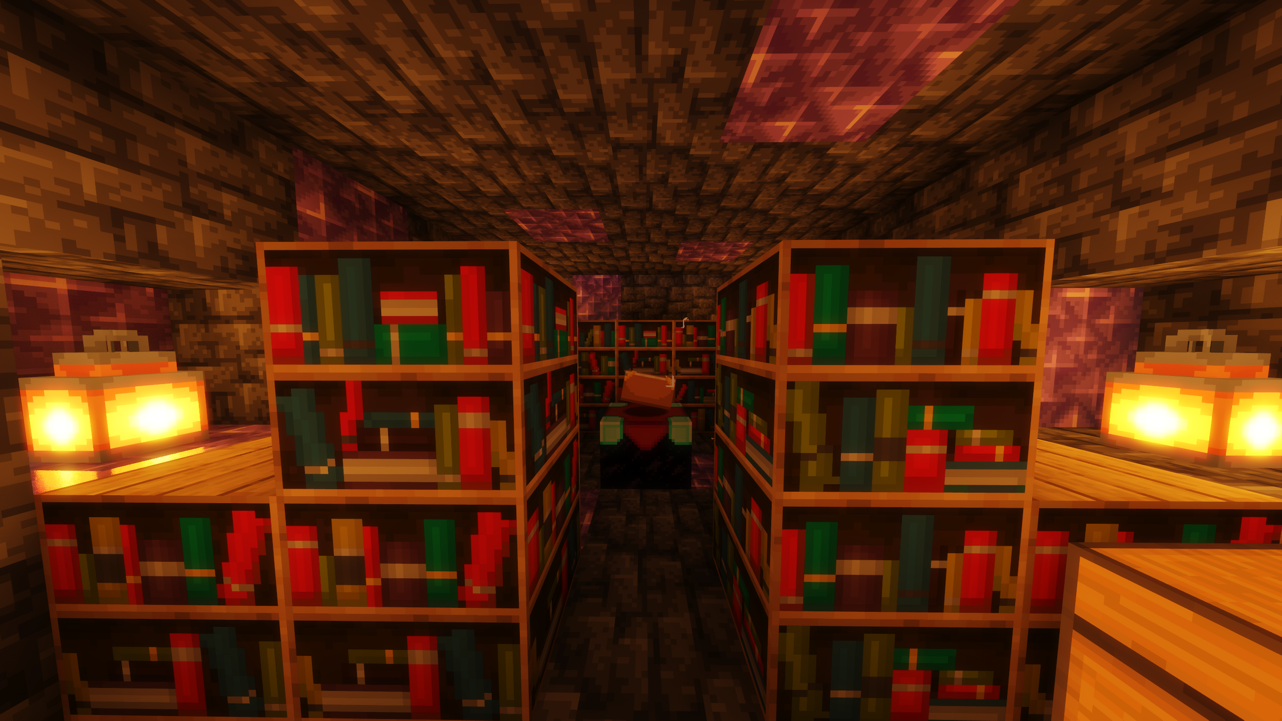 Minecraft'ta kitap raflarıyla çevrili ve loş bir kütüphanede büyüleyici bir masa