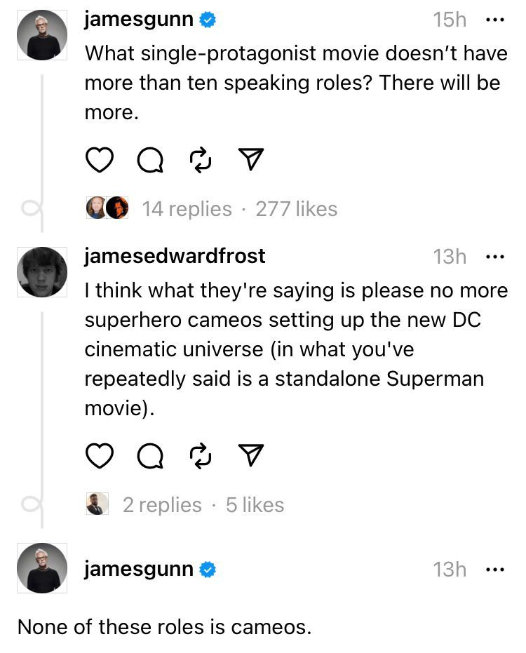 Threads'de James Gunn, Superman: Legacy'deki diğer kahramanların kamera hücresi olmadığını açıklıyor