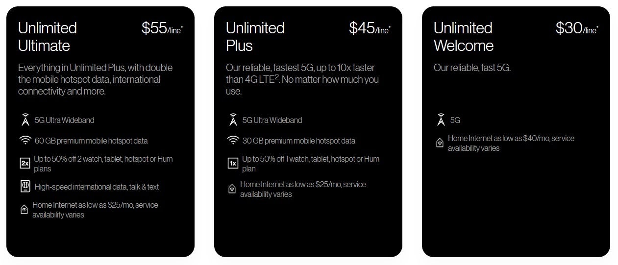 Verizon'un myPlan teklifleri.  Kendi cihazınızı getirin ve dört hat ve Otomatik Ödeme ile Sınırsız Hoş Geldiniz hat başına aylık 25 ABD dolarıdır - Kendi telefonunuzu Verizon'a getirin ve üç yıl boyunca sınırsız hizmetten yararlanın.
