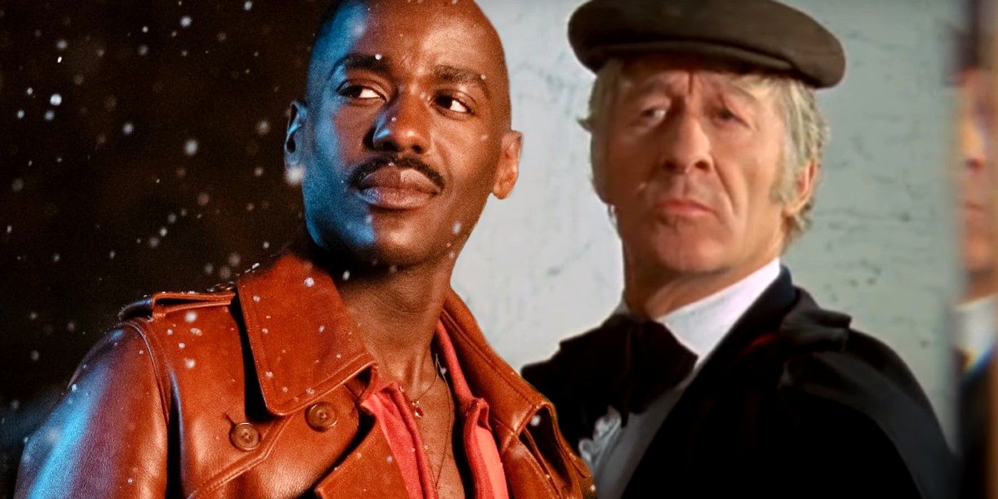 Doctor Who 2023 Noel özelinde On Beşinci Doktor rolünde Ncuti Gatwa ve aynaya bakan Jon Pertwee'nin Üçüncü Doktoru