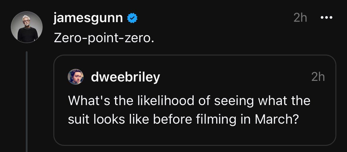 Threads'de James Gunn, Superman: Legacy'nin Mart 2024'te çekimleri başlamadan önce yeni Superman kostümünün ortaya çıkma şansının olmadığını söylüyor