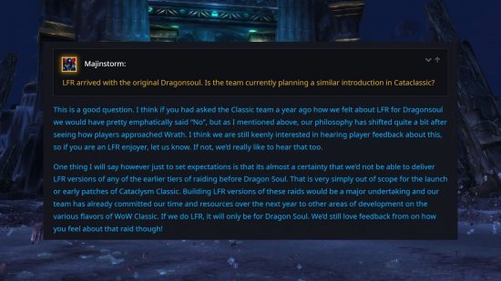 Bir WoW Classic Oyun Yapımcısından World of Warcraft Cataclysm Classic'teki LFR'yi tartışan bir Blizzard forum yazısı