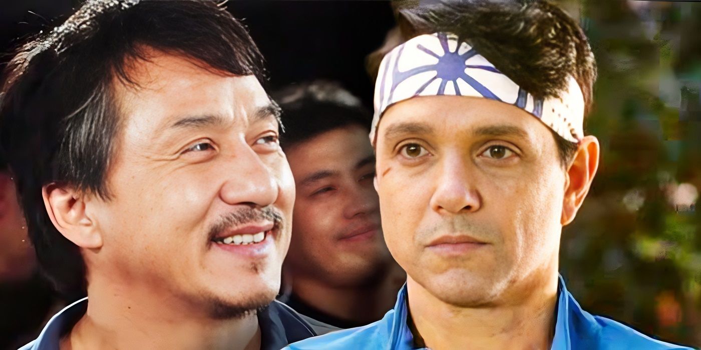 The Karate Kid'de (2010) gülümseyen Bay Han rolünde Jackie Chan'in ve Cobra Kai'de antrenmana hazır Daniel LaRusso rolünde Ralph Macchie'nin yakın çekimlerinden oluşan kolaj