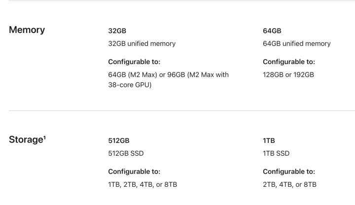 Apple Mac Studio RAM ve depolama seçenekleri.