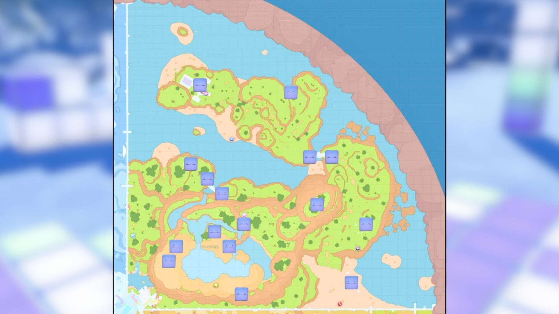 Pokémon Scarlet ve Violet Indigo Disk DLC'deki bir haritada Kıyı Biyomu Aynı Blok Konumları