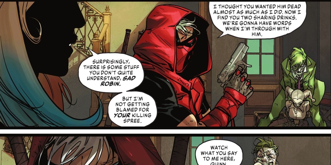 Harley Quinn, Red Hood ile Joker hakkında konuşuyor.