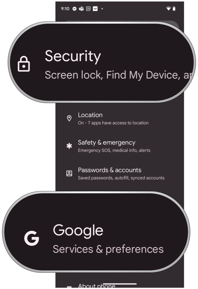 Android 13 Ayarlarında Güvenlik'i veya Google'ı seçin