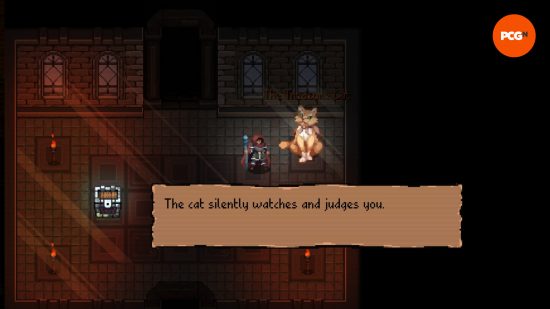 Necrovale'e doğru - Kırmızı başlıklı bir figür oturan dev bir kedinin yanında duruyor.  Bir metin istemi şunu okur: 