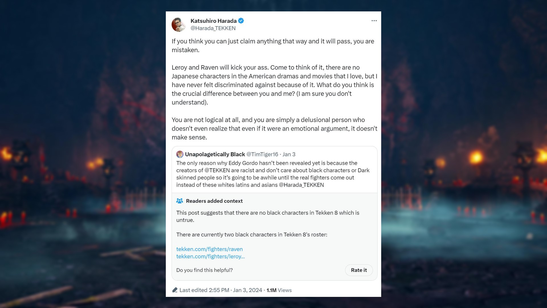 Tekken 8 yönetmeni ırkçılık iddialarına sert yanıt verdi: Tekken 8 yaratıcısı Katsuhiro Harada'nın ekibin ırkçı olduğunu iddia eden bir tweet'e yanıtı 
