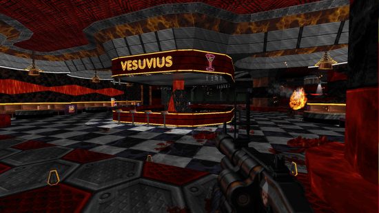 Steam boomer atıcıları - Vesuvius adlı bir kulübe gelen oyuncunun 'Ion Fury'den ekran görüntüsü.
