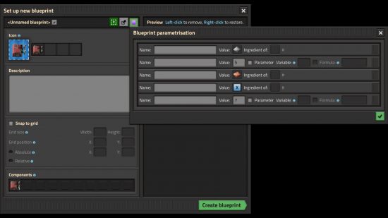 Factorio Parameterized Blueprints - Yeni aracın kurulum menüsü, oyuncunun ortaya çıkan yapıyı etkileyen belirli parametreleri belirlemesine olanak tanır.