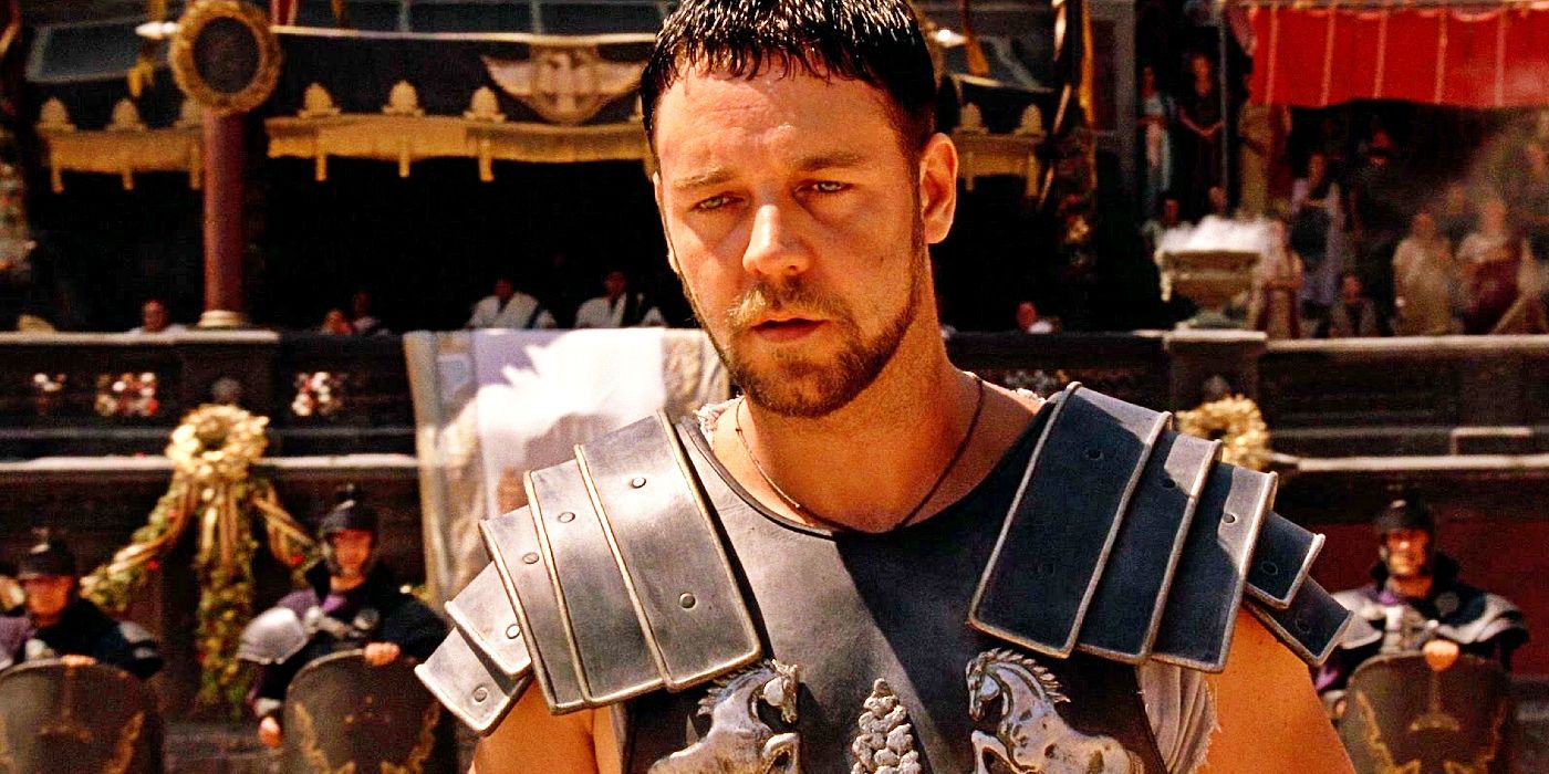 Maximus rolünde Russell Crowe, Gladyatör'de zayıf ve umutsuz görünüyor.