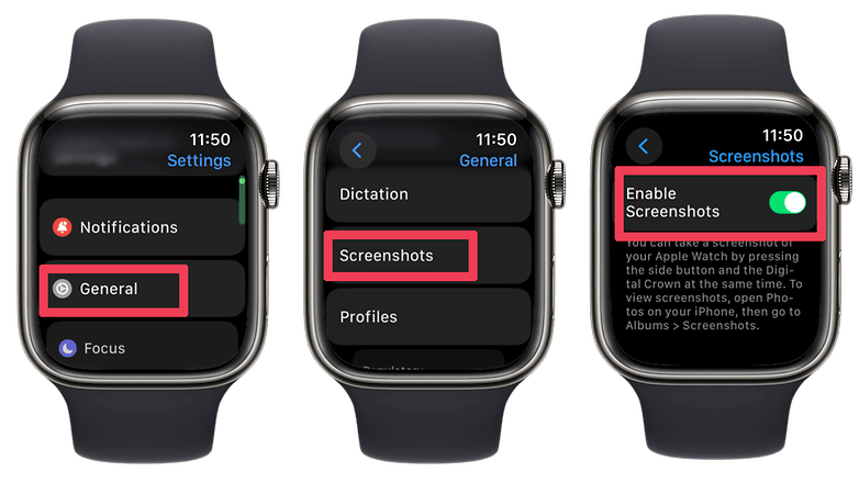 Apple Watch'ta nasıl ekran görüntüsü alınacağını gösteren ekran görüntüleri