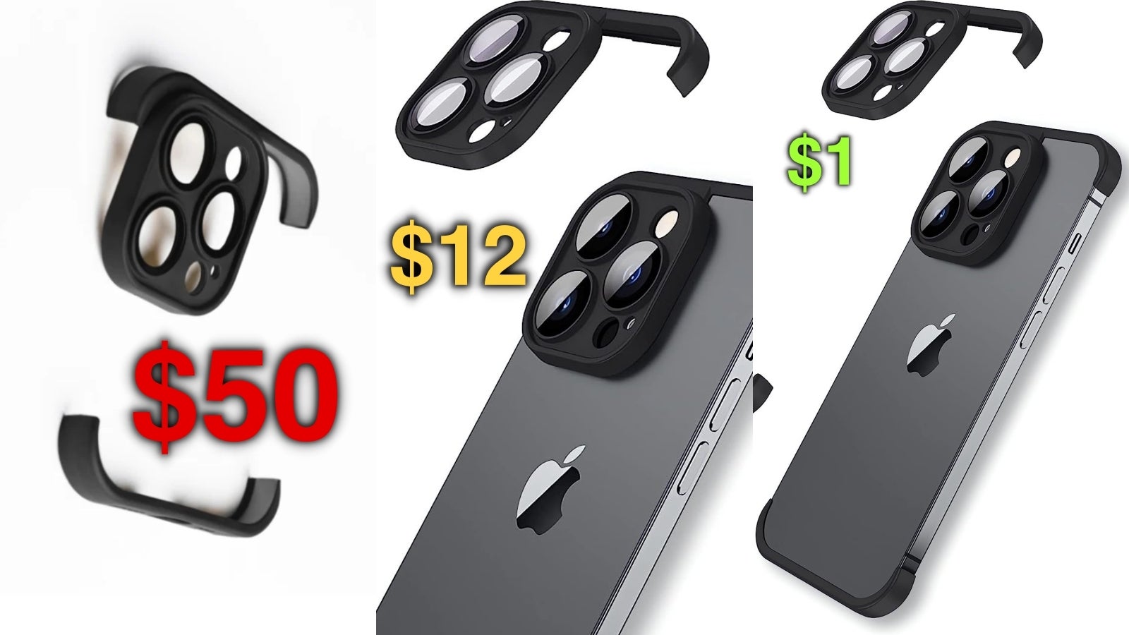 iPhone 15 Pro için aynı tampon kılıfın Bamplio web sitesinde (solda), Amazon ABD'de (ortada) ve AliExpress'te fiyatı.  - Yüzlerce kişi bu iPhone kasası dolandırıcılığına kanıyor: iPhone aksesuarları için fazla ödeme yapmayı bırakın