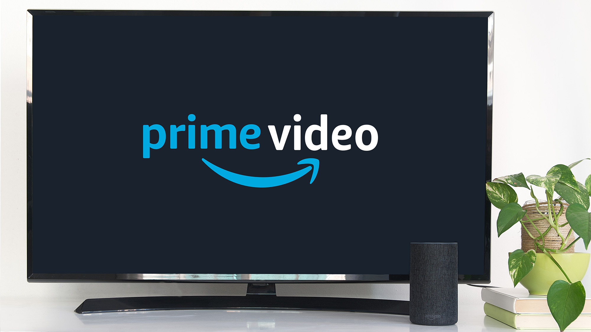 Prime Video logosu, TV'de Amazon akıllı hoparlörünün ve bir bitkinin yanında yer alıyor