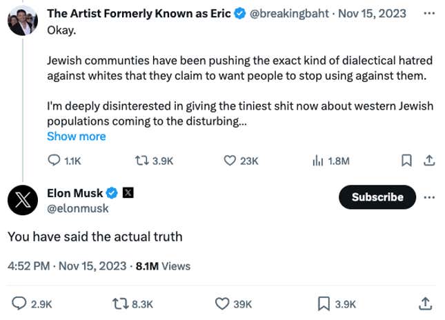 Elon Musk, Yahudilerin teşvik ettiğini söyleyen bir tweet'i onayladı "beyazlara karşı nefret."